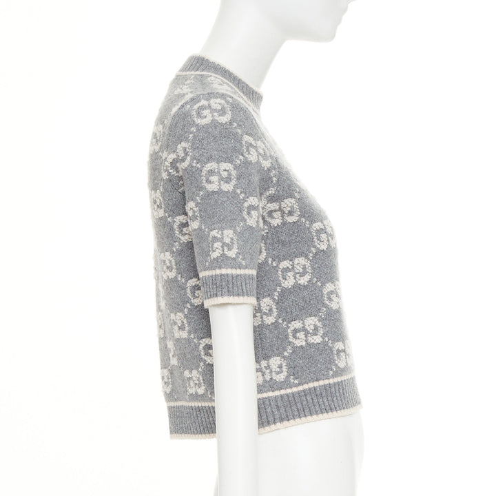 GUCCI grey pale pink wool GG monogram intarsia boucle crop sweater XS