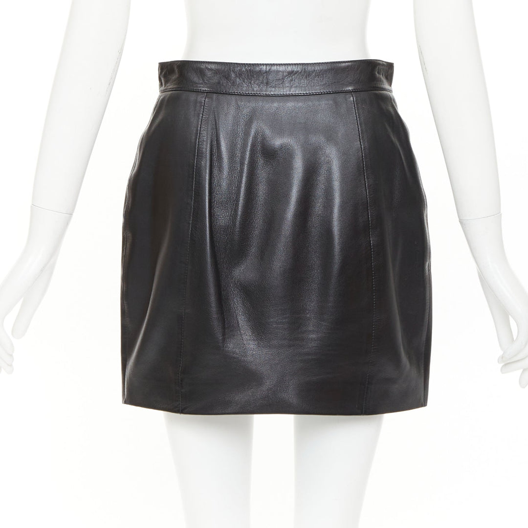 SAINT LAURENT 2018 black lambskin leather snap button mini skirt FR38 M