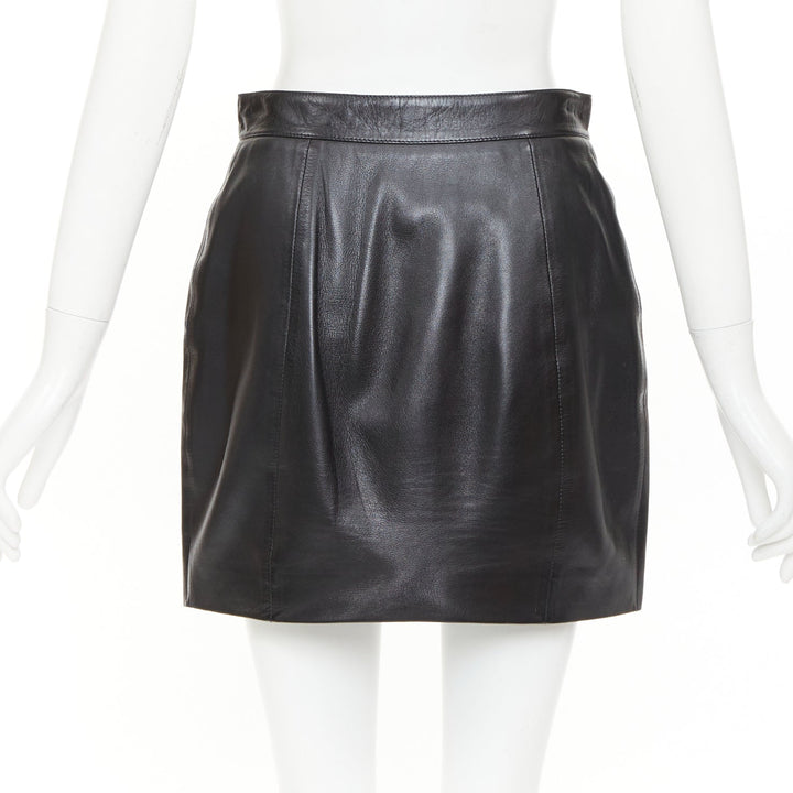 SAINT LAURENT 2018 black lambskin leather snap button mini skirt FR38 M
