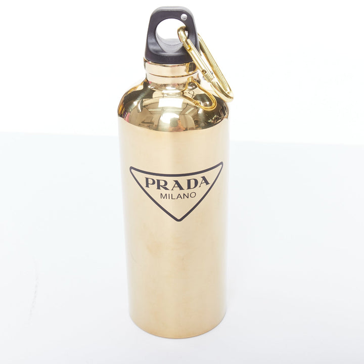 PRADA mirrored gold stainless steel black logo water bottle
