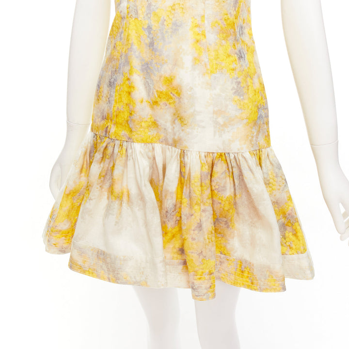 ZIMMERMANN Wild Botanica yellow cream linen floral drop waist dress Sz.1 S