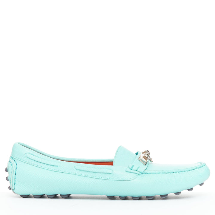 HERMES Irving cyan blue leather silver stud driving loafers EU35.5