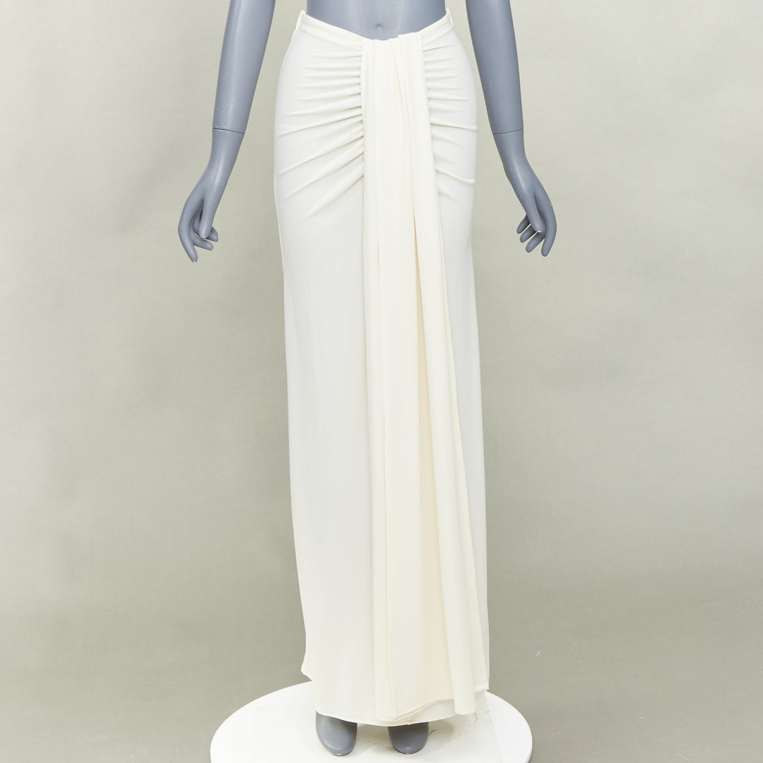 HELSA 2023 ivory matte jersey boatneck backless top draped wrap skirt set XS
