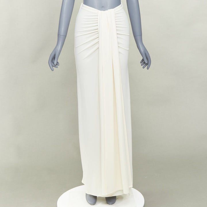 HELSA 2023 ivory matte jersey boatneck backless top draped wrap skirt set XS