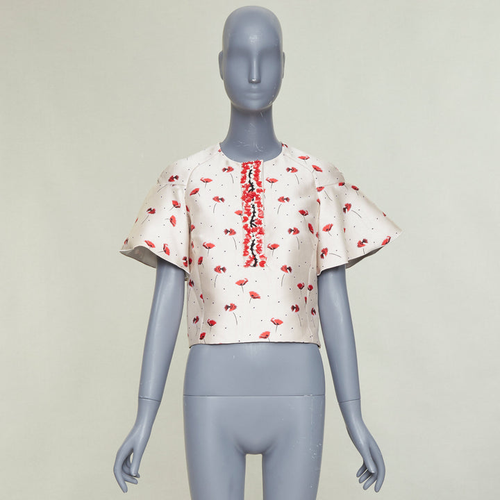 GIAMBATTISTA VALLI 2014 poppy floral ruffle beaded embellished crop top IT40 XS