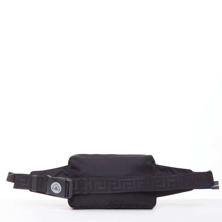 VERSACE reflective logo black nylon Greca strap crossbody belt waist bag