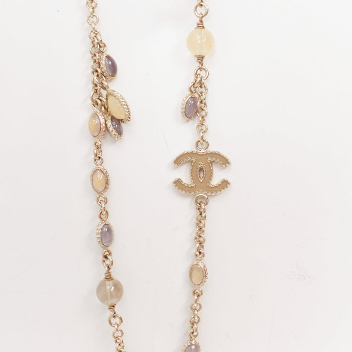 CHANEL B12C beige grey CC logo resin crystal gold chain sautoir long necklace