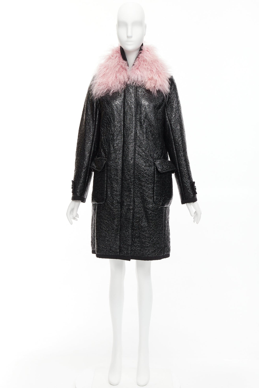 MONCLER pink tibet lamb fur black patent cotton virgin wool blend coat Sz1 M