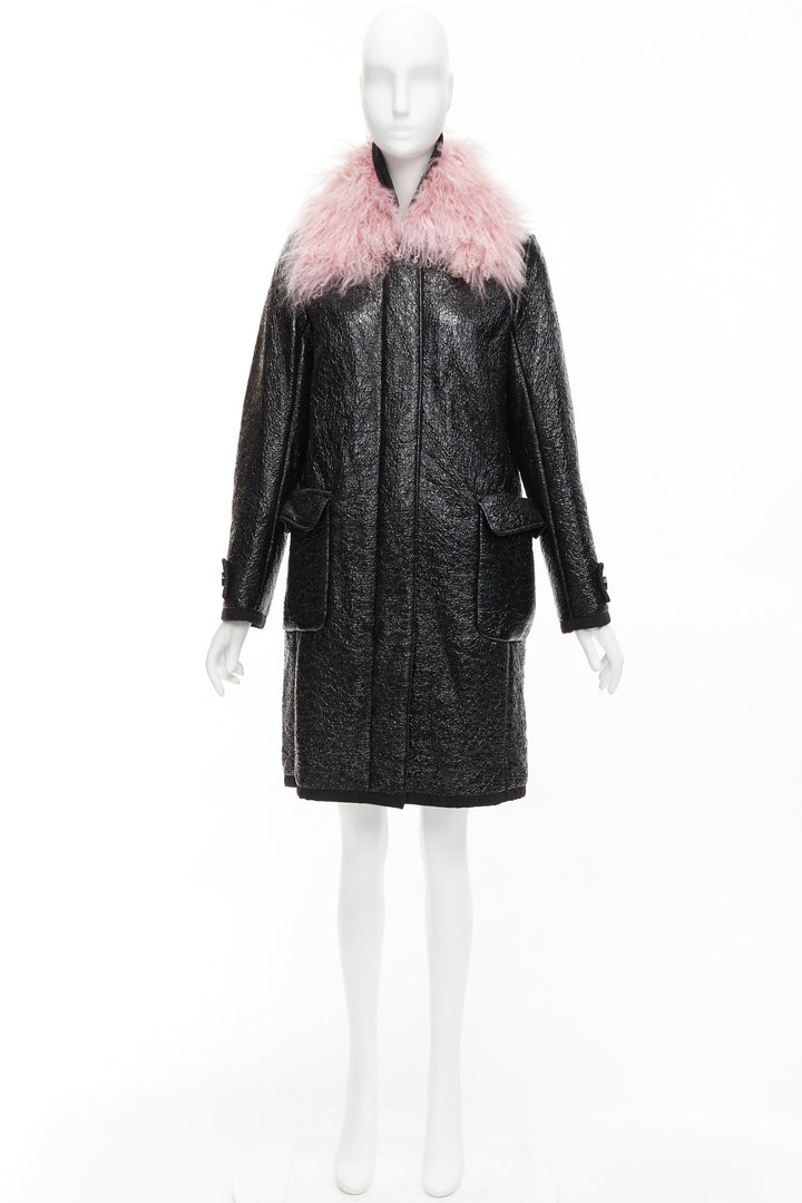 MONCLER pink tibet lamb fur black patent cotton virgin wool blend coat Sz1 M