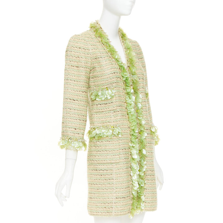 MARC JACOBS Runway green cream wool tweed boucle glass pailette coat US0 XS