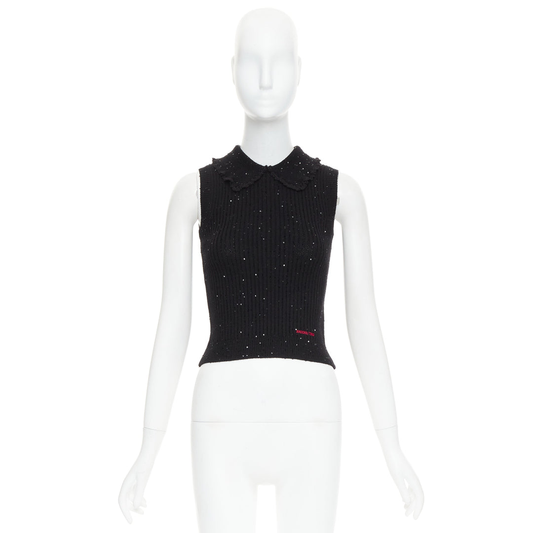 SHUSHU TONG black sequinned knit collared red logo rib crop vest UK6 XS