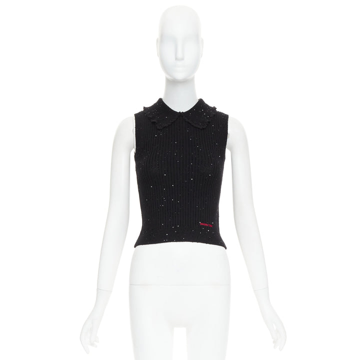SHUSHU TONG black sequinned knit collared red logo rib crop vest UK6 XS
