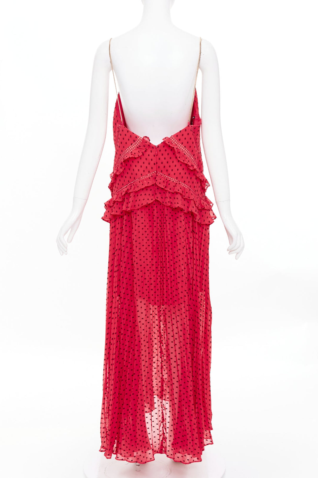 SELF PORTRAIT fuchsia red plumetis polka dot pleated tiered ruffle dress UK14