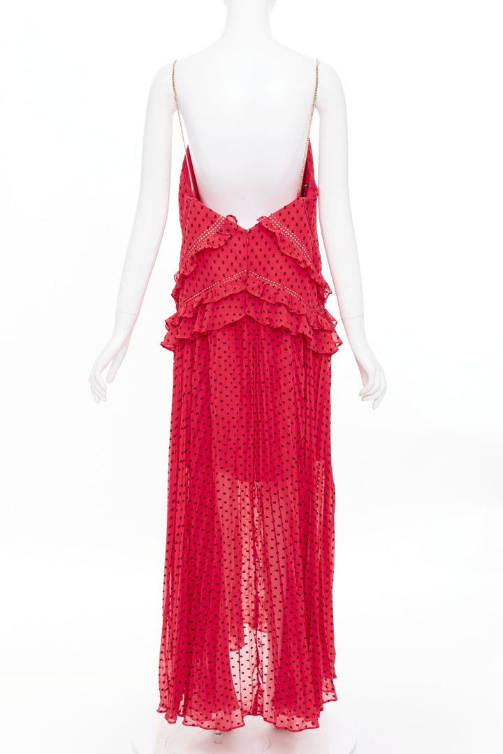 SELF PORTRAIT fuchsia red plumetis polka dot pleated tiered ruffle dress UK14