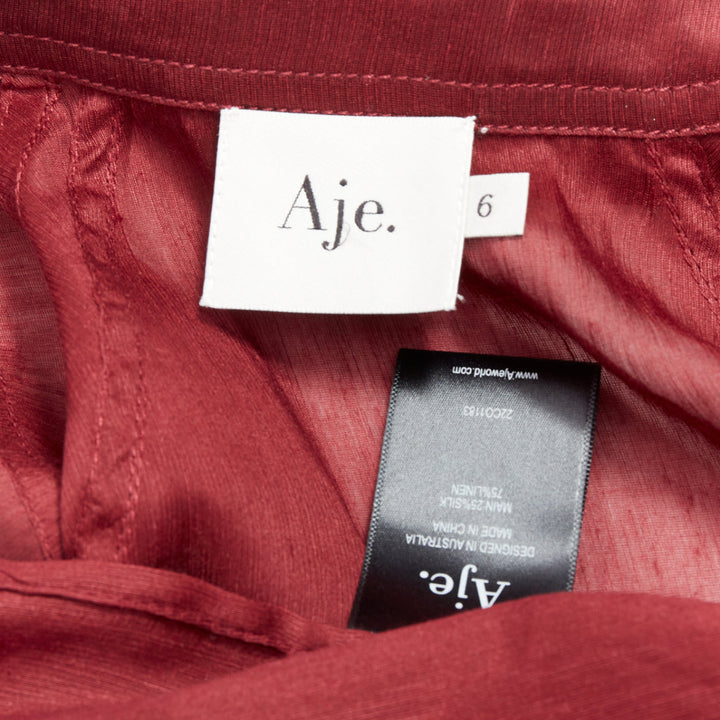 AJE Palms burgundy silk linen puff sleeve raglan multi buttons shirt UK6 XS