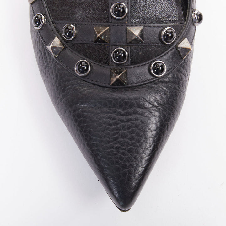 VALENTINO Rockstud black calf mixed stone stud caged ballet flats EU37.5
