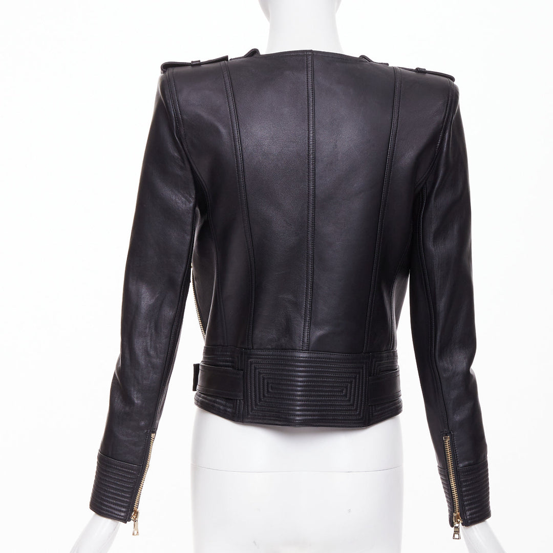 BALMAIN 2020 black quilted lambskin leather belted perfecto biker jacket FR34 XS