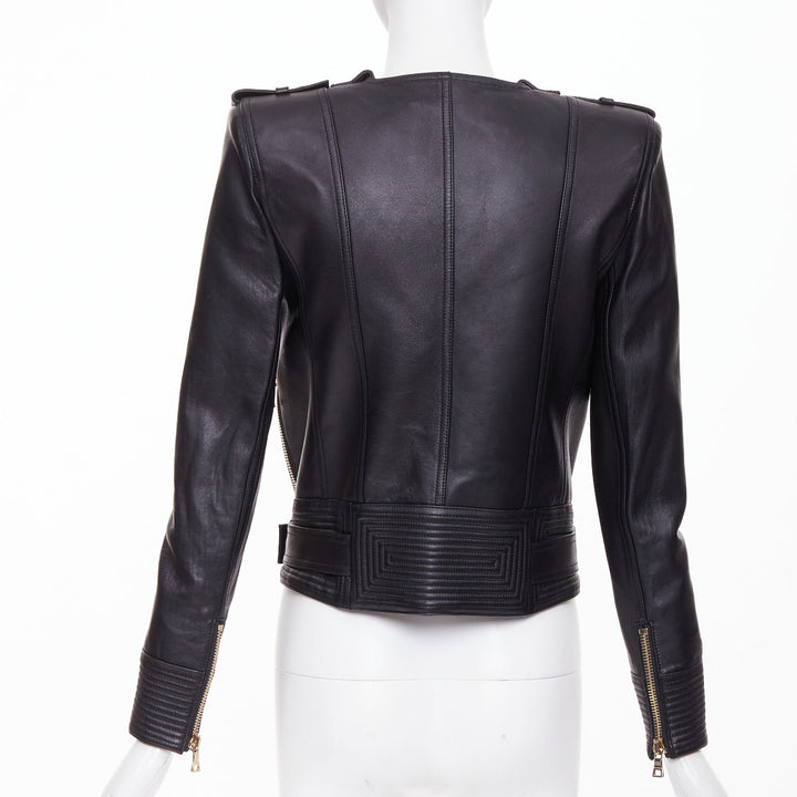 BALMAIN 2020 black quilted lambskin leather belted perfecto biker jacket FR34 XS