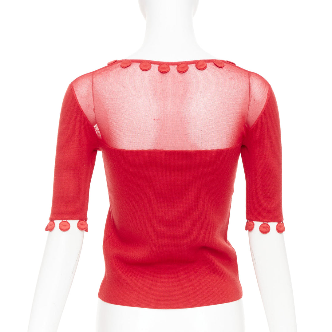 OSCAR DE LA RENTA 2019 red wool silk sheer tulle mesh yoke pom pom button top