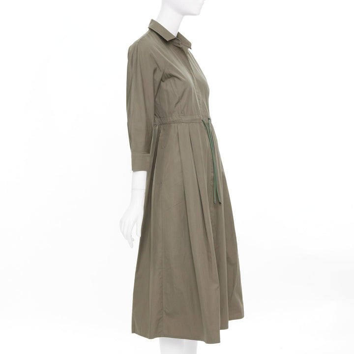 MAX MARA brown cotton poplin drawstring waist utility midi shirt dress IT36 XXS