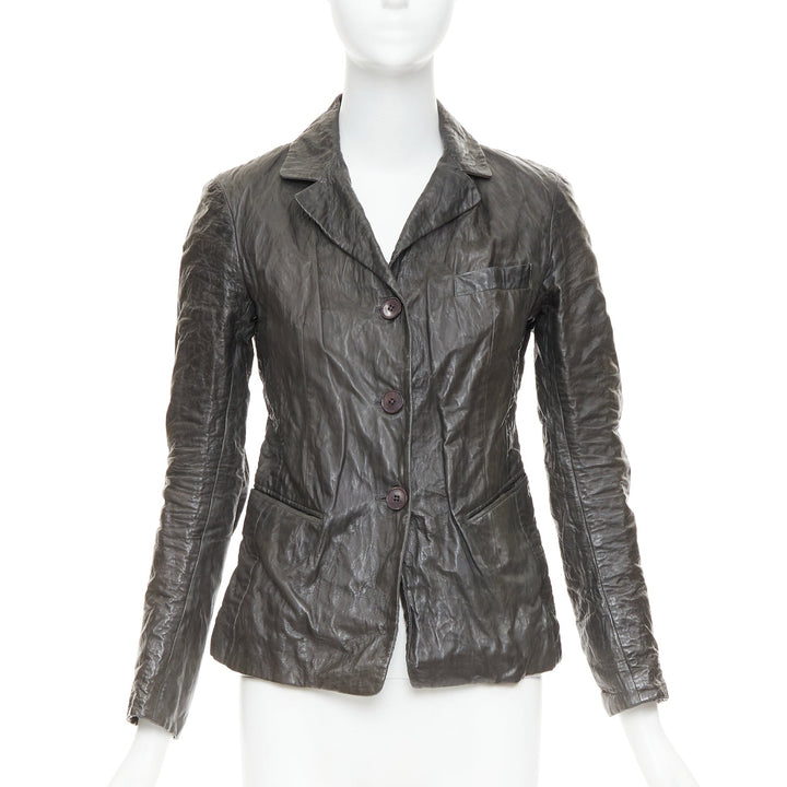 DONNA KARAN dark taupe crinkled lambskin leather blazer jacket IT38 XS