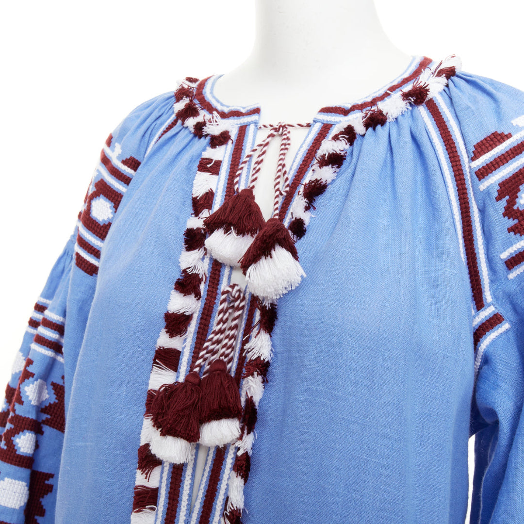 VITA KIN blue linen red folk ethnic embroidery boho peasant kaftan dress S/D