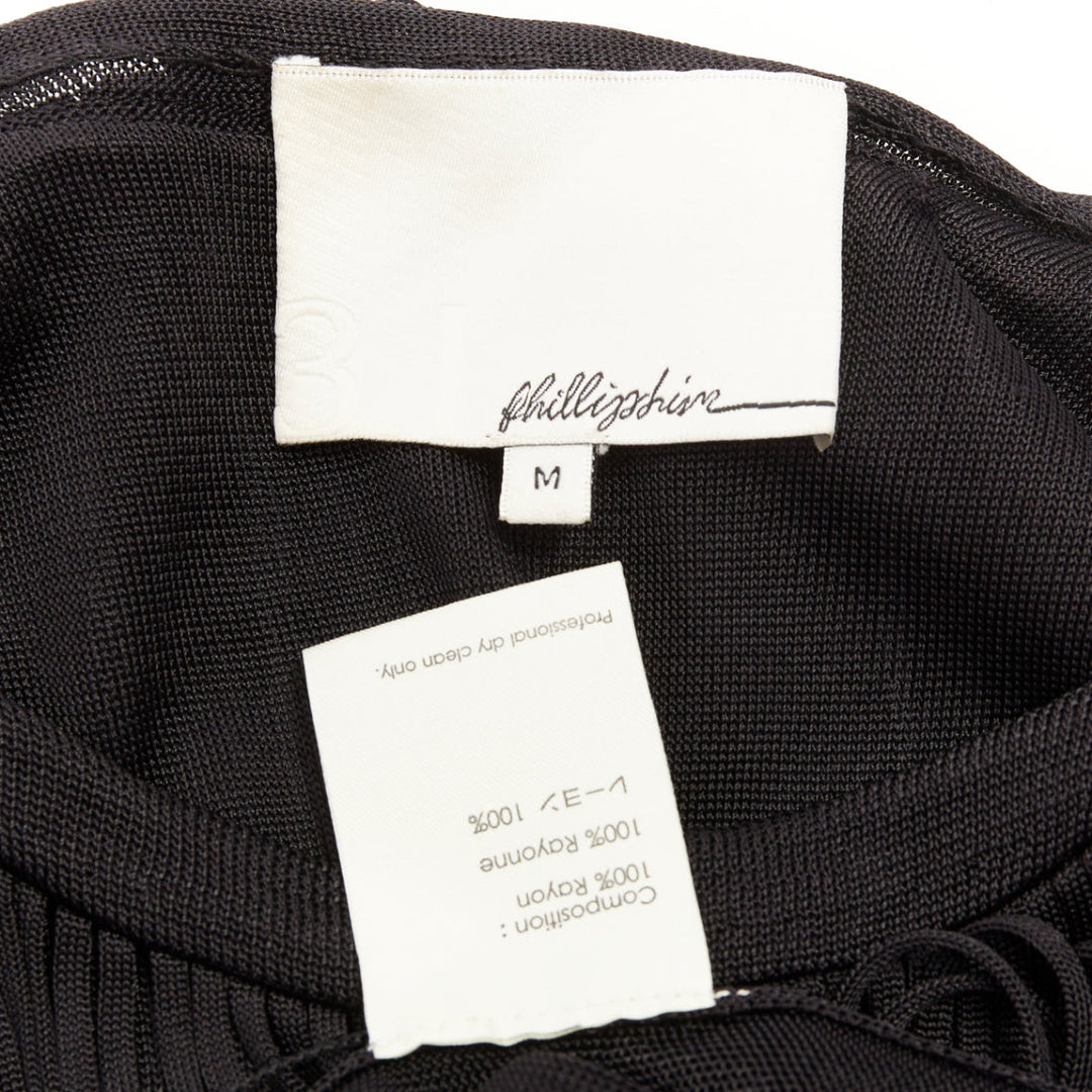 3.1 PHILLIP LIM black rayon long fringe bateau neck sheer overlay mini dress M