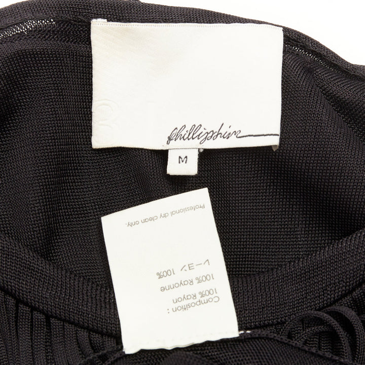 3.1 PHILLIP LIM black rayon long fringe bateau neck sheer overlay mini dress M