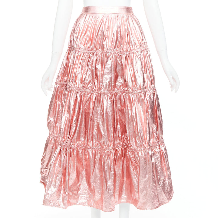 REJINA PYO metallic pink nylon high waist tiered A-line skirt UK6 XS