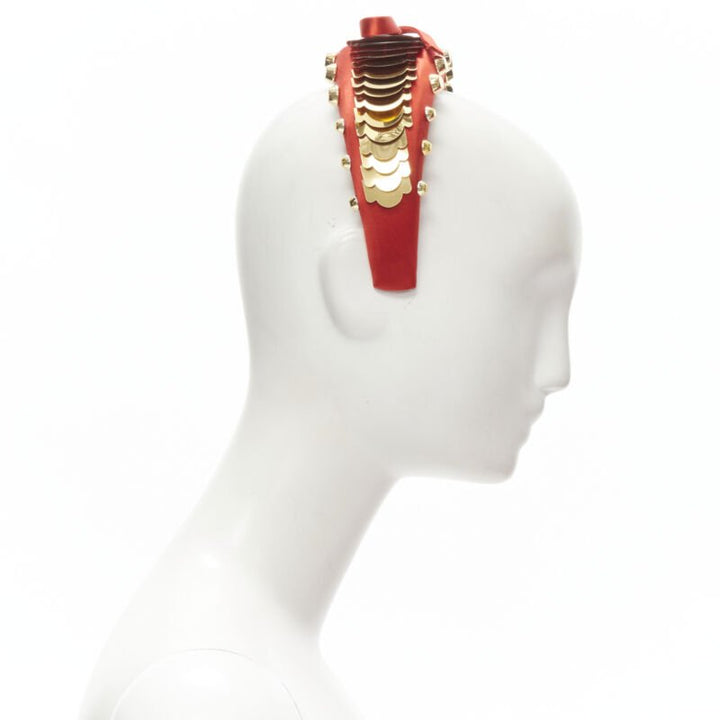 PRADA red satin gold pailette studded bow puffy headband