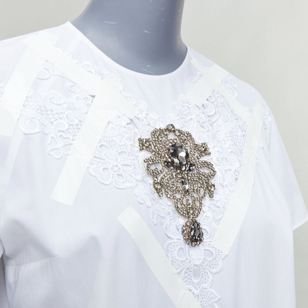 CHRISTOPHER KANE 2013 Vintage white silver jewel lace tape embellished top