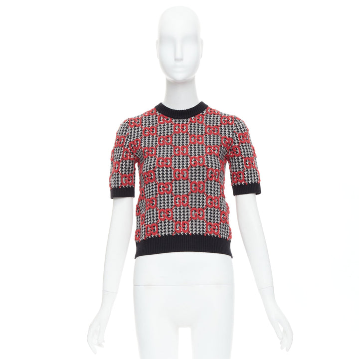 GUCCI 2023 red black Giant Monogram houndstooth intarsia crop sweater XS