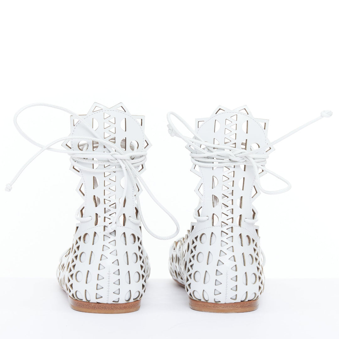 ALAIA Vienne white leather laser cut perforated lace up ballerina flats EU37