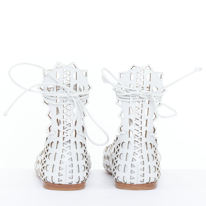 ALAIA Vienne white leather laser cut perforated lace up ballerina flats EU37