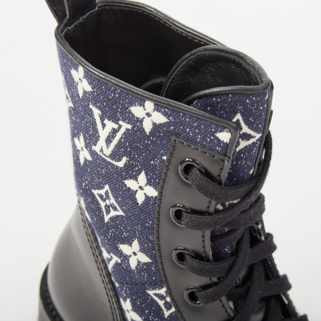 LOUIS VUITTON Metropolis Denim Monogram Flat Ranger combat boots EU38 US8