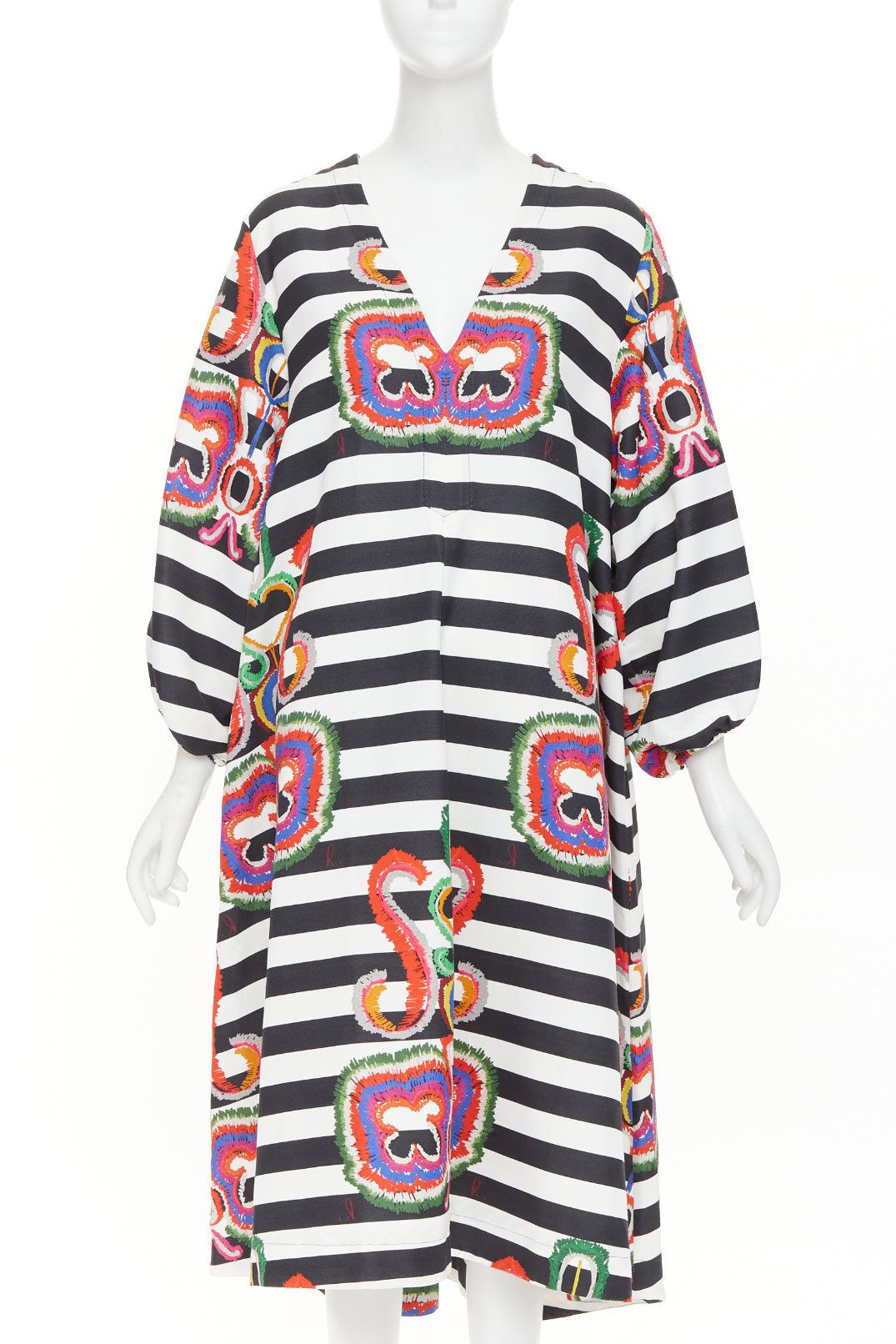 RIANNA AND NINA black white striped graphic print V-neck tent dress OS