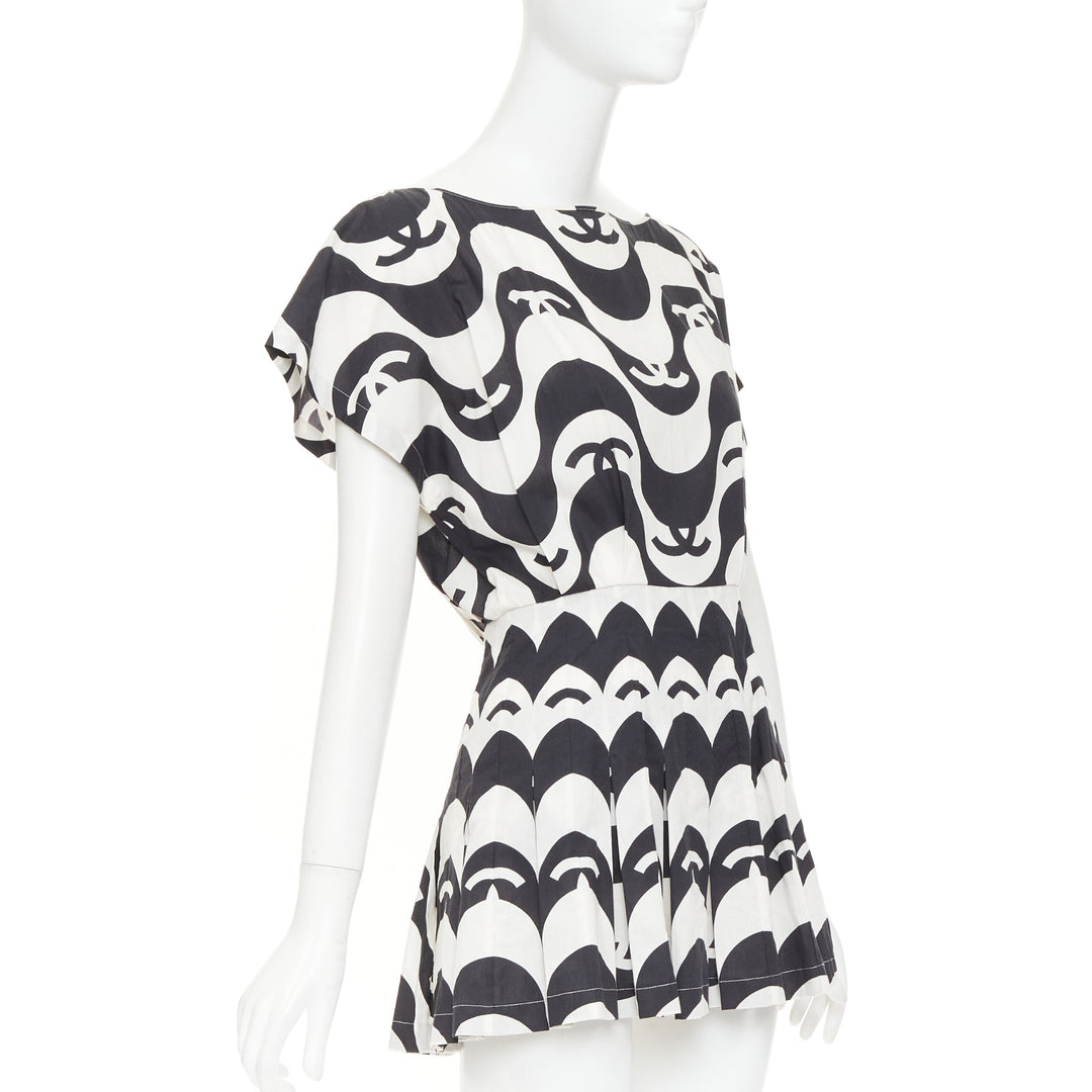 CHANEL 21P Runway black white cc wave print cotton mini romper playsuit FR34 XS