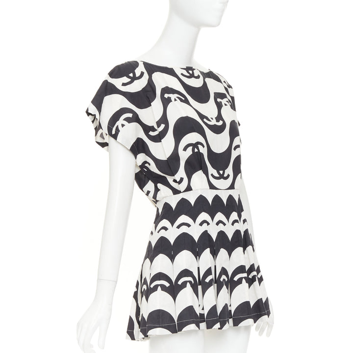 CHANEL 21P Runway black white cc wave print cotton mini romper playsuit FR34 XS