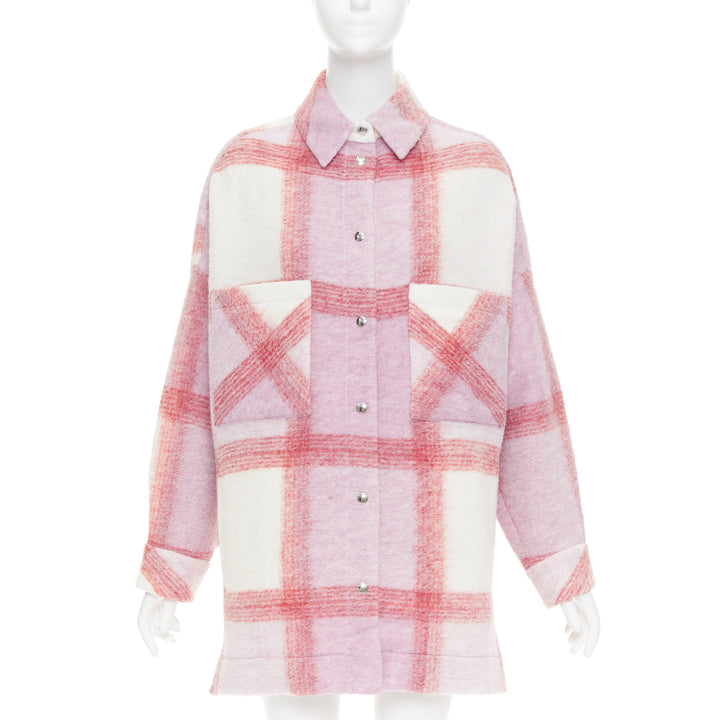 IRO PARIS Lemina pink cream wool tweed plaid check overshirt jacket FR34 XS