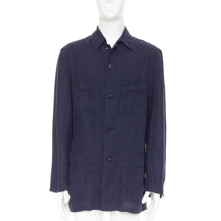 Y'S YOHJI YAMAMOTO navy linen 4-pocket safari long-line work shirt jacket JP3 L