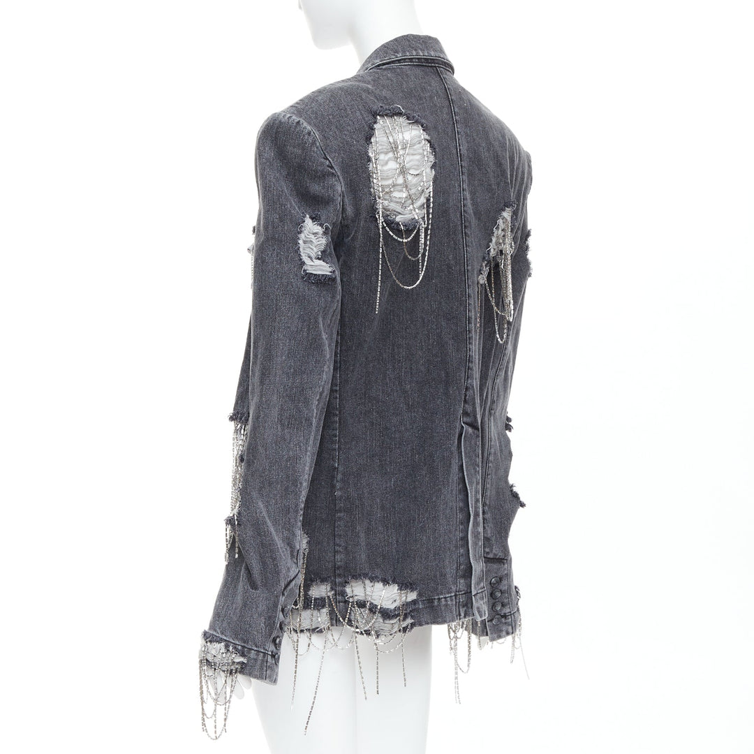 MARKGONG grey denim clear beads chain embellished blazer FR36 S