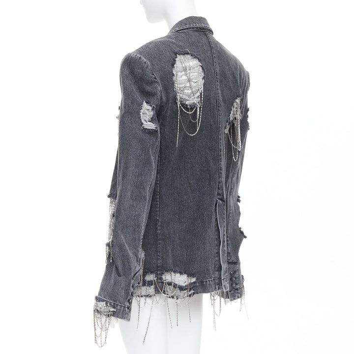 MARKGONG grey denim clear beads chain embellished blazer FR36 S