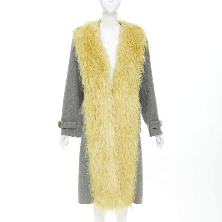 MIU MIU 2017 yellow faux shaggy fur grey wool XL buttons coat IT38 XS