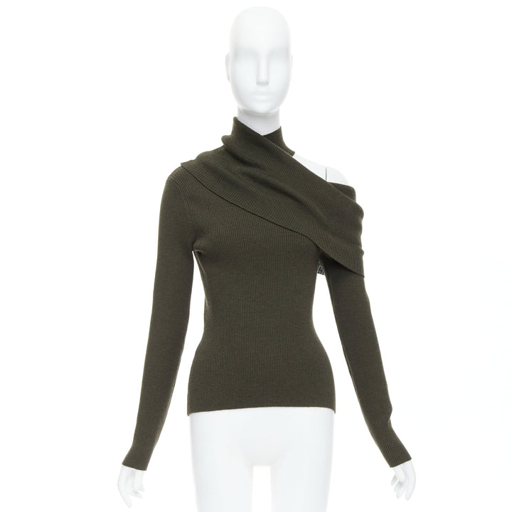 MONSE green merino wool fold over draped off shoulder sweater S