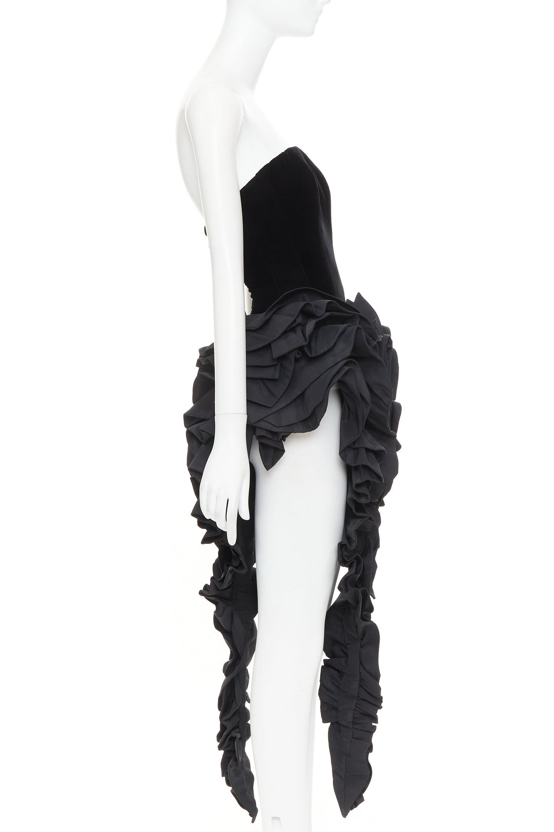 rare ALEXANDRE VAUTHIER COUTURE black velvet taffeta ruffle slit bodysuit dress