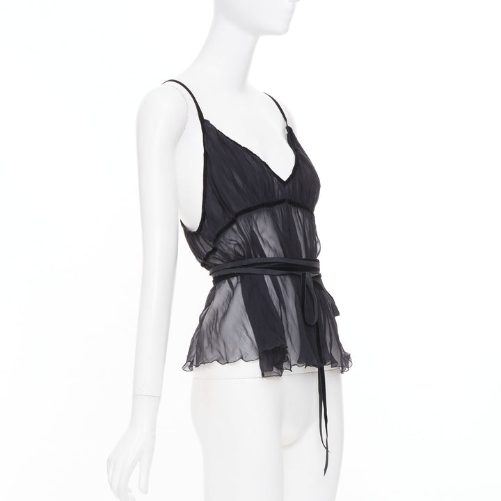 PHILOSOPHY 2014 black sheer silk georgette wrap ruffle peplum camisole IT46 XL