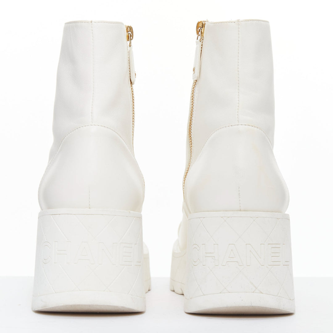 CHANEL 2024 white leather CC logo grid platform lace up wedge boots EU39
