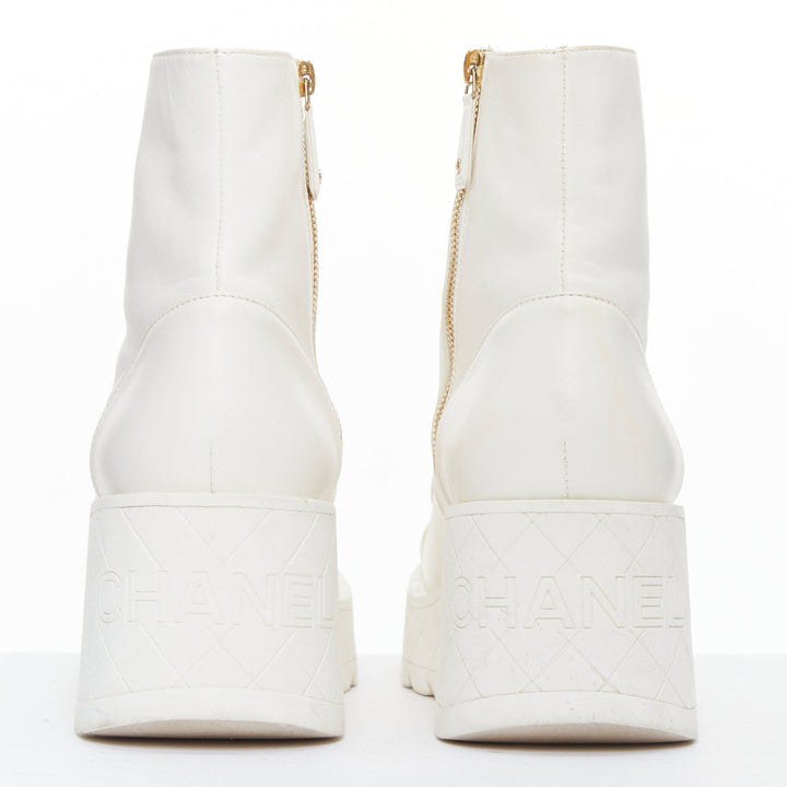 CHANEL 2024 white leather CC logo grid platform lace up wedge boots EU39