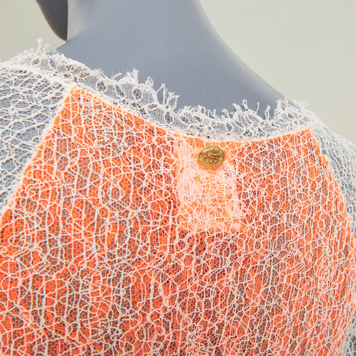 CHANEL 00P sheer orange white cotton lace layered knitwear top FR46 XL