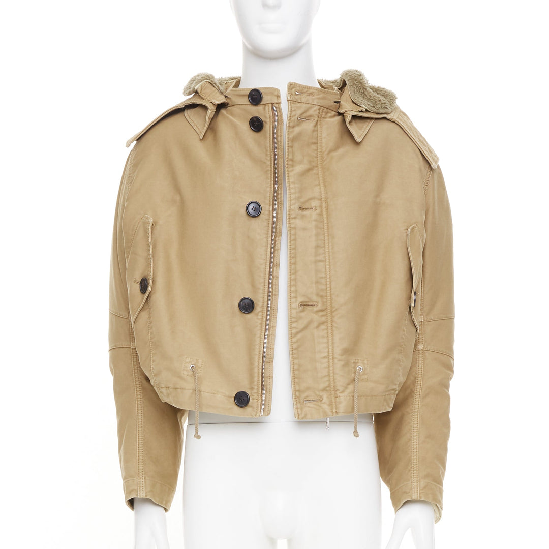 PRADA 2023 Runway shearling trim canvas hooded cropped bomber jacket IT48 M